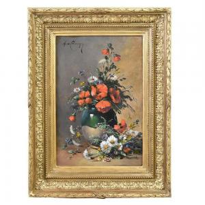OLD PAINTINGS, FLOWER STILL LIFE WITH POPPIES, OIL ON CANVAS, FROM THE 19TH CENTURY. (QF472)